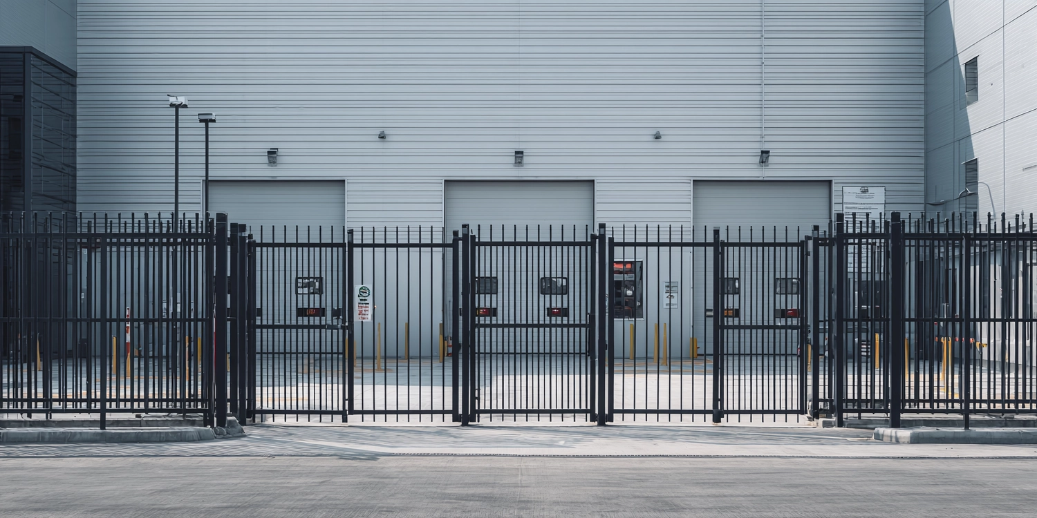 NEXLINK GmbH - Bauconsulting I Projektmanagement - Industriesicherheit: Ein robustes Metalltor schützt eine Anlage mit Rolltoren und Wellblechverkleidung und gewährleistet so Schutz und Kontrolle in einem Gewerbegebiet.