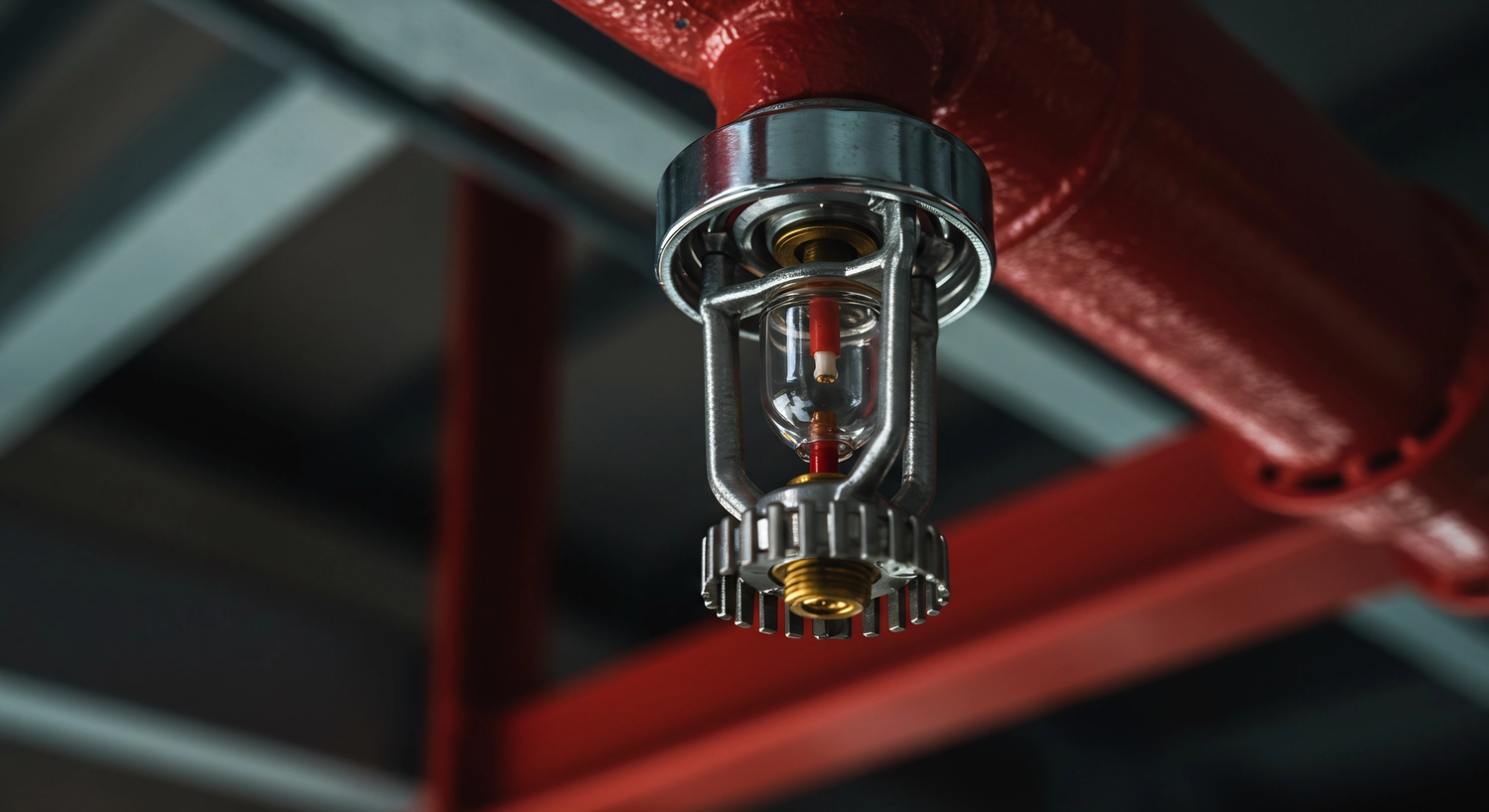 NEXLINK GmbH – Bauberatung | Projektmanagement – ​​Nahaufnahme eines Feuersprinklerkopfes mit roten Rohren in einem Industrieumfeld, Brandschutzausrüstung, Feuerlöschanlage
